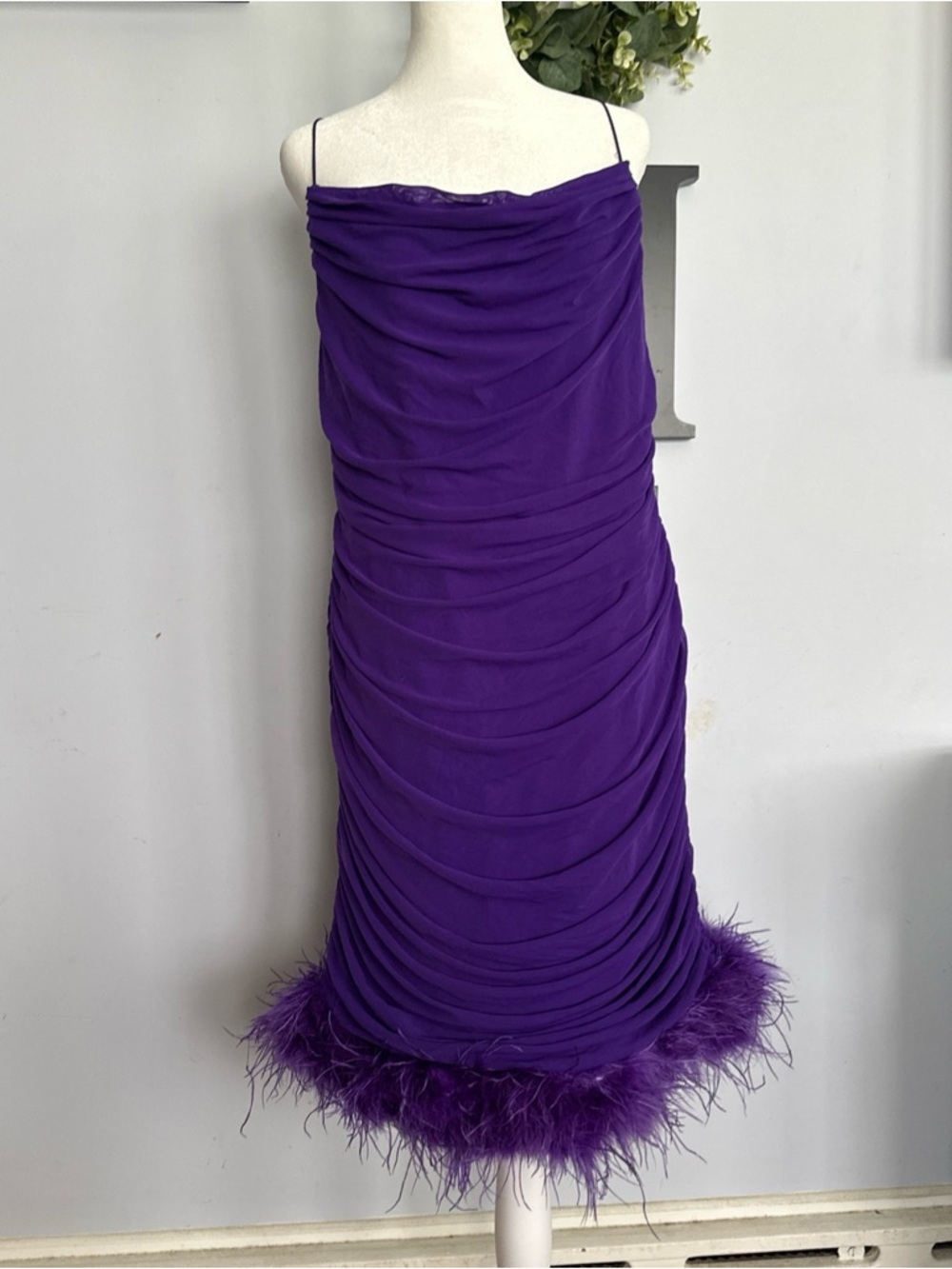Fashion Nova Violet Ruched Slip Dress with Feather Hem